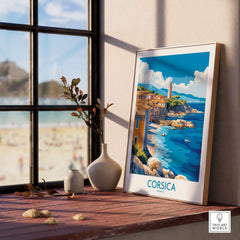 Corsica Art Print displayed in a cozy room with a beautiful coastal view, enhancing home decor elegance.