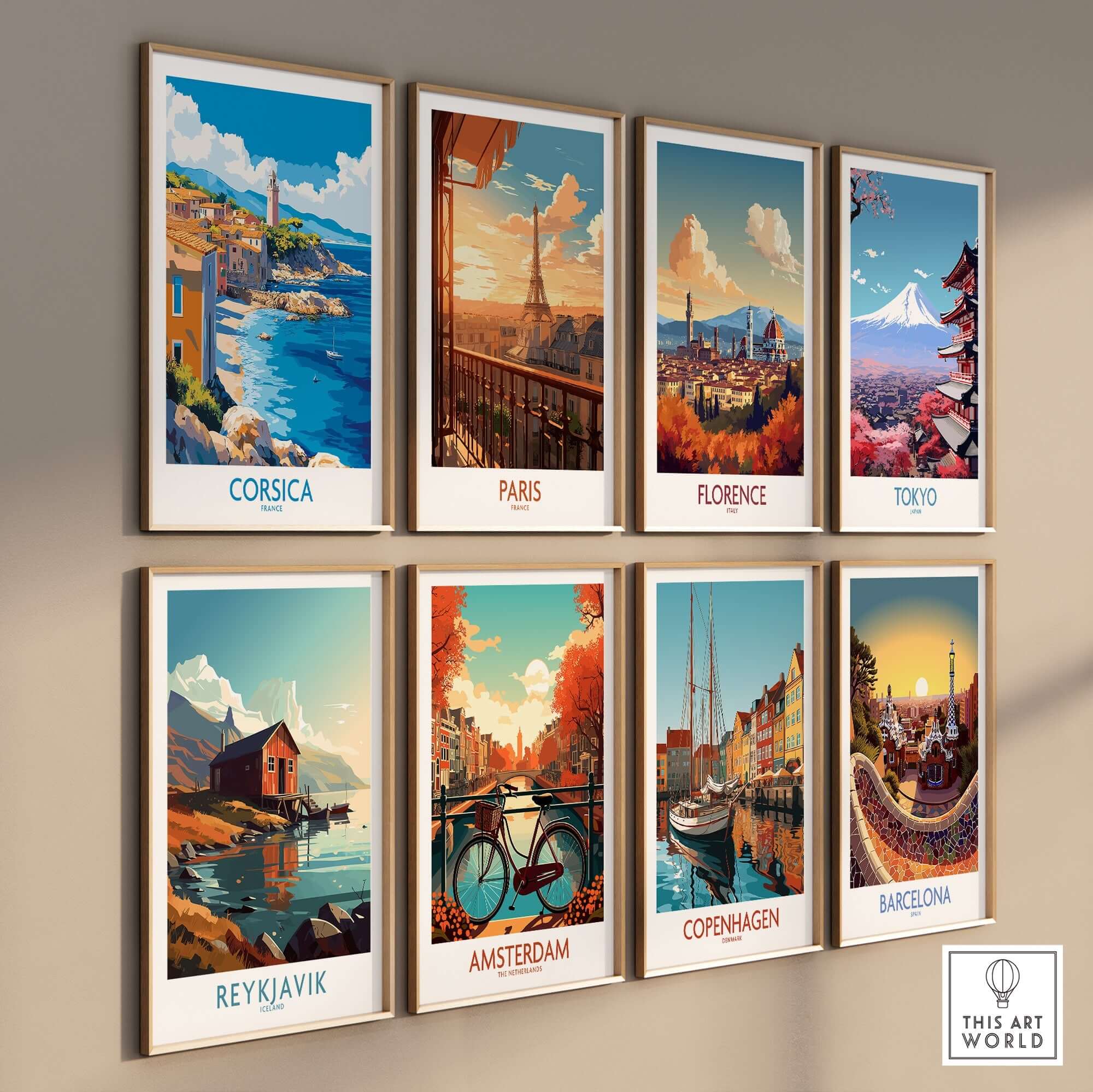 Corsica Art Print and other travel-inspired art prints displayed on a wall, showcasing beautiful landscapes.