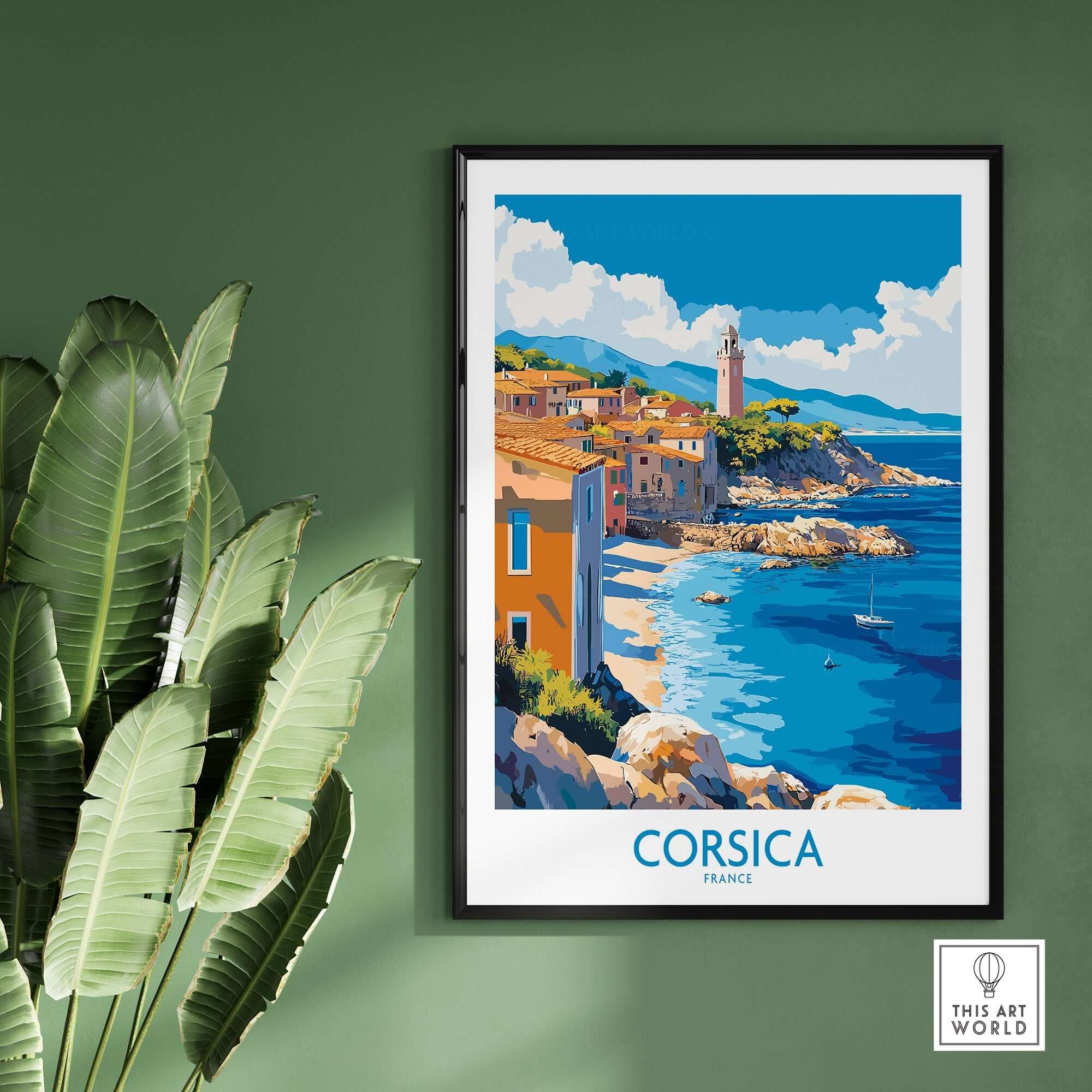 Corsica Art Print featuring vibrant coastal scenery and charming architecture, perfect for home decor.