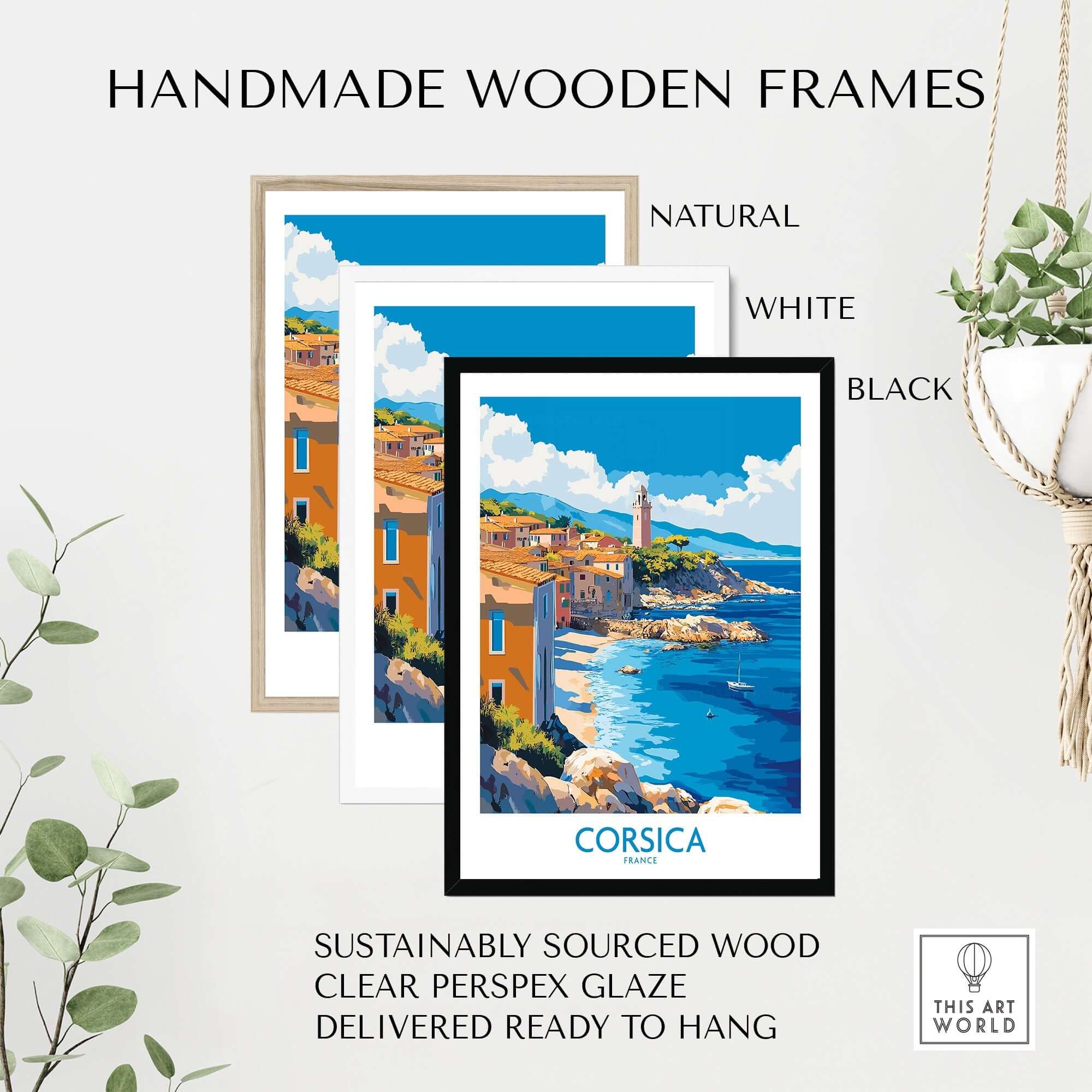 Corsica Art Print displayed in handmade wooden frames in natural, white, and black finishes.