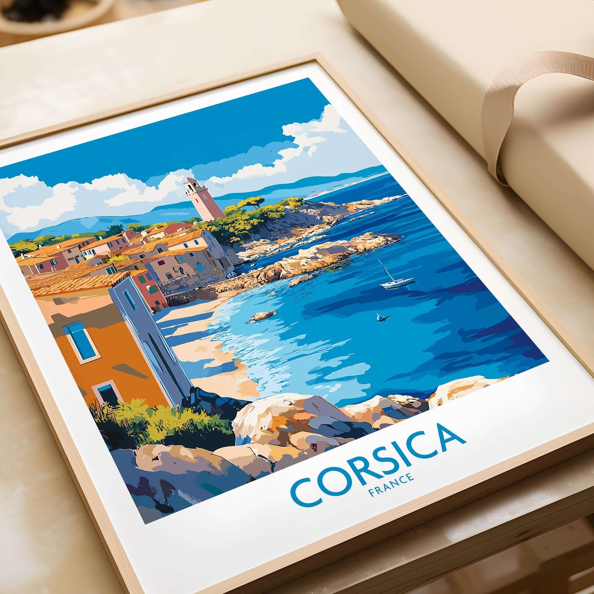 Corsica Art Print featuring a picturesque coastal view of Corsica, France in vibrant colors.