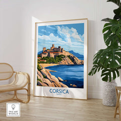Corsica Travel Poster featuring a stunning coastal view and historic castle in a stylish interior setting.