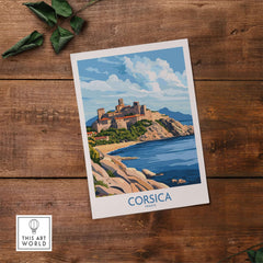 Corsica Travel Poster featuring a scenic view of a coastal castle in Corsica, France with beautiful blue skies.