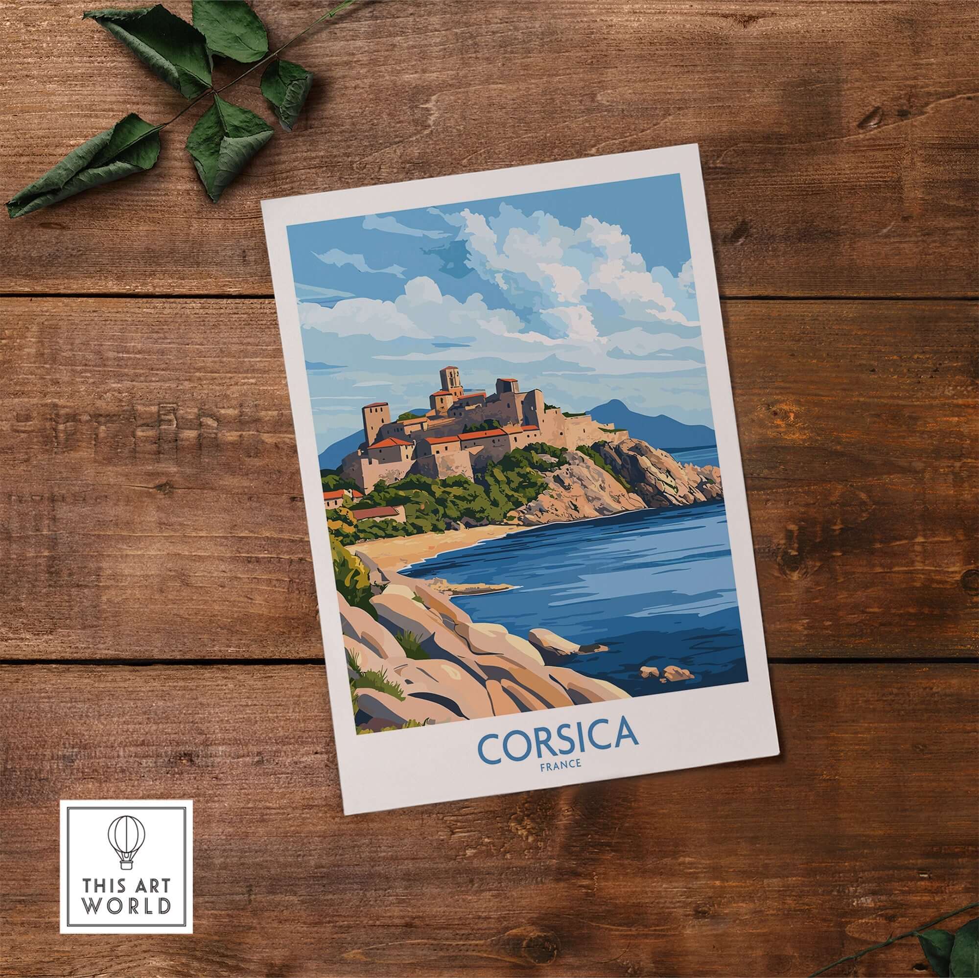 Corsica Travel Poster featuring a scenic view of a coastal castle in Corsica, France with beautiful blue skies.