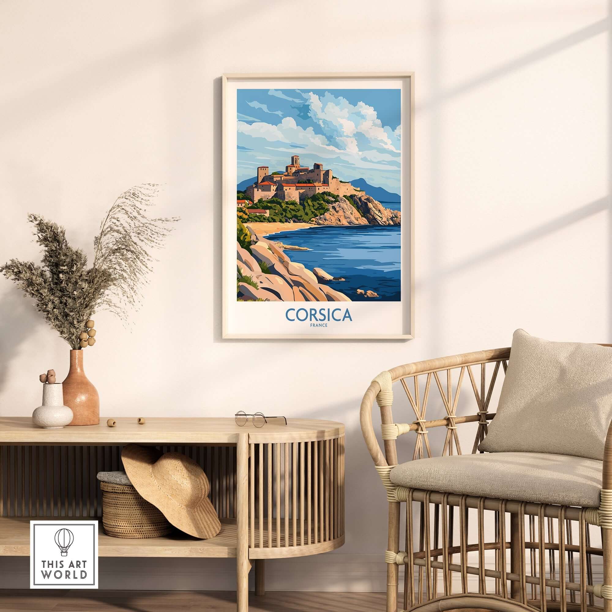 Corsica Travel Poster framed in a modern living room, showcasing the beauty of Corsica's coastline and architecture.