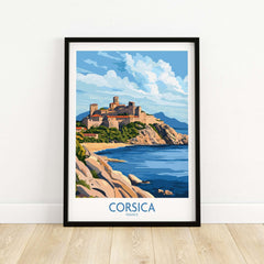 Corsica Travel Poster featuring a scenic view of a coastal castle in Corsica, France.