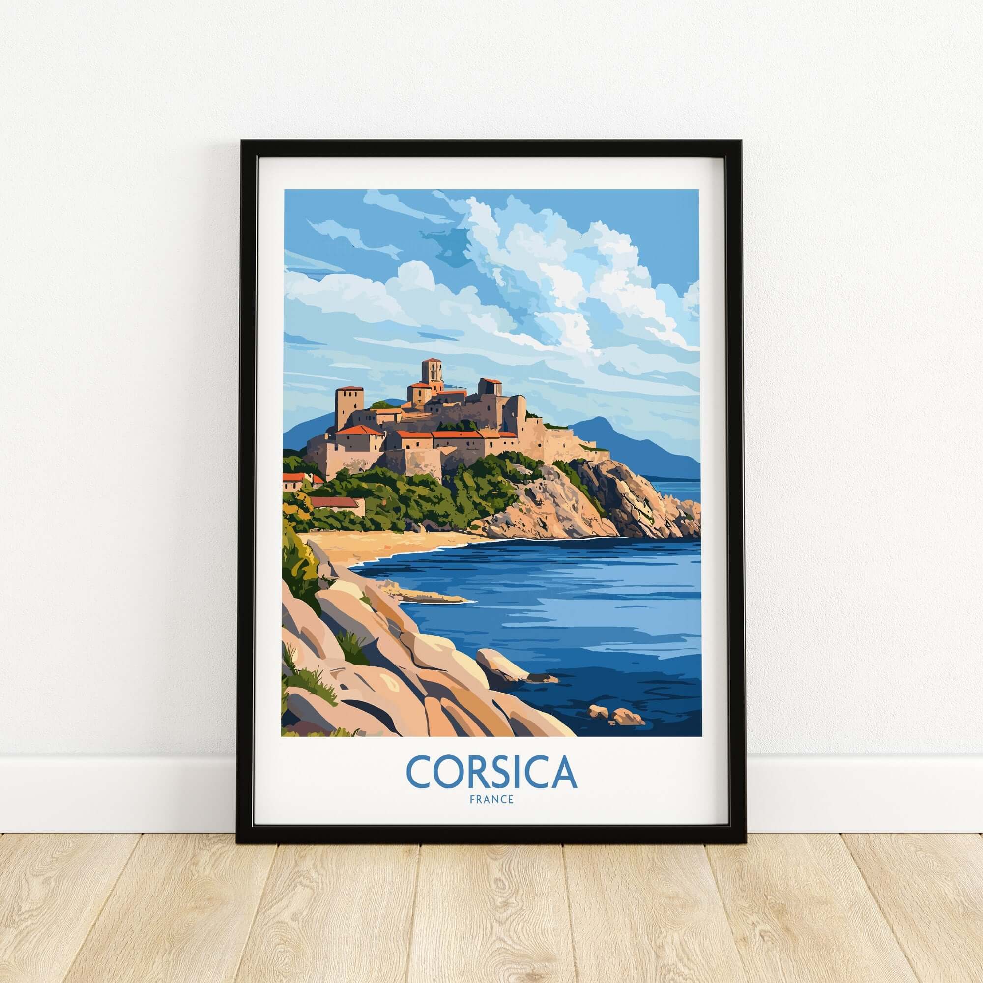 Corsica Travel Poster featuring a scenic view of a coastal castle in Corsica, France.