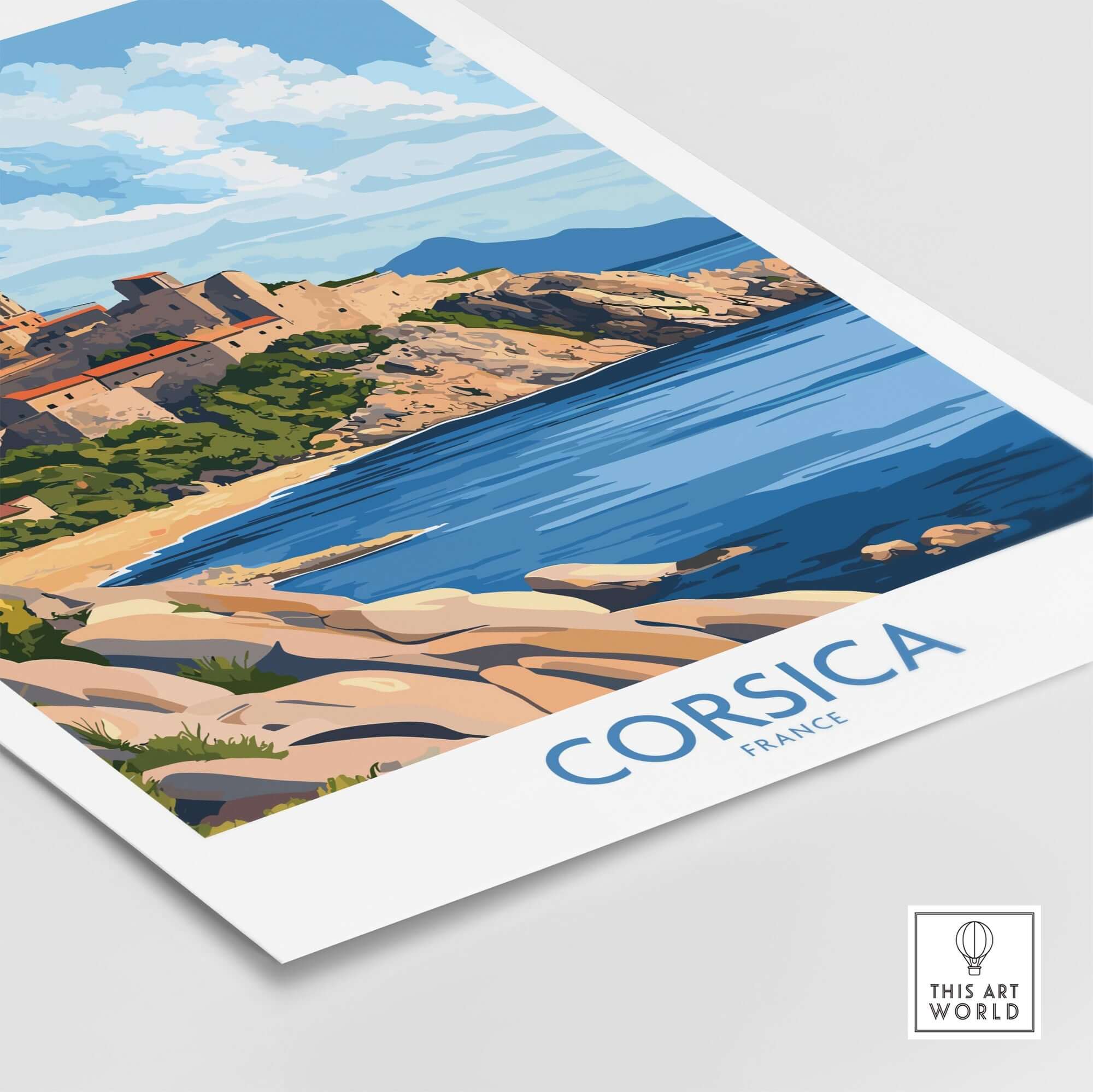Corsica Travel Poster featuring a stunning view of the Mediterranean landscape and rocky coastline in Corsica, France.
