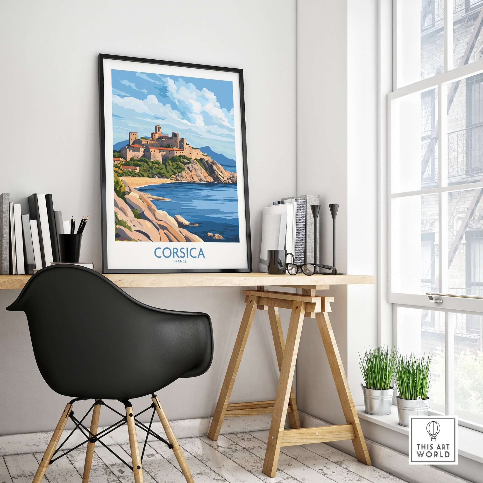 Corsica Travel Poster displayed in a stylish home office setting, featuring the scenic beauty of Corsica.