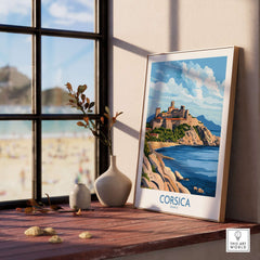 Corsica Travel Poster showcasing a picturesque view of Corsica's coastline and castle setting in a sunny environment.