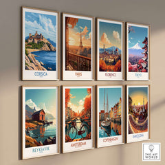 Corsica Travel Poster featuring stunning Mediterranean landscapes and iconic landmarks from various cities.