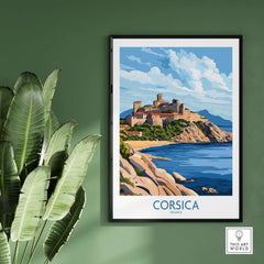 Corsica Travel Poster featuring a picturesque view of Corsica's coastline and castle against a vibrant sky.