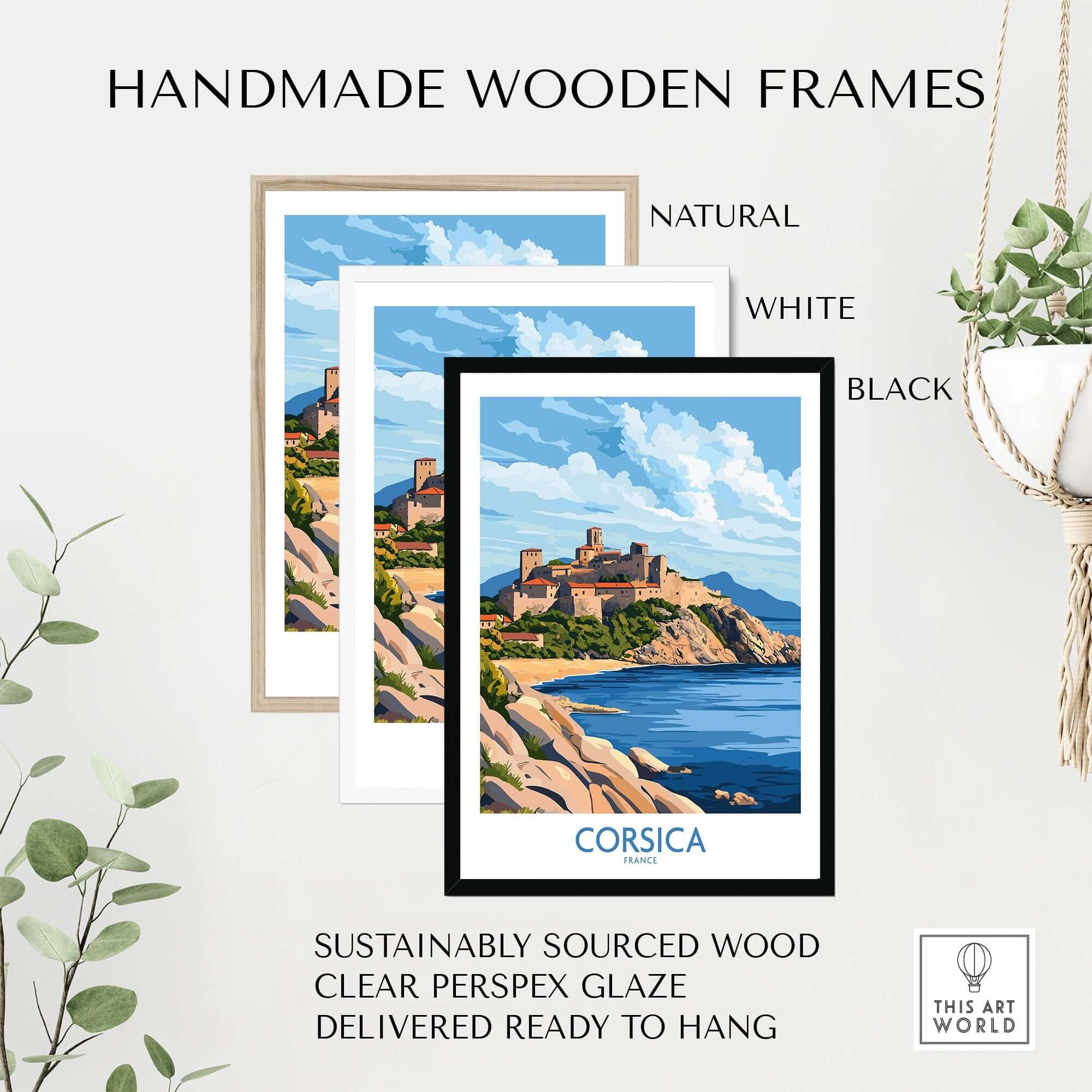 Corsica Travel Poster framed in natural, white, and black handmade wooden frames with clear perspex glaze.