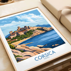 Corsica Travel Poster featuring a coastal view of Corsica's landscape and historic architecture.