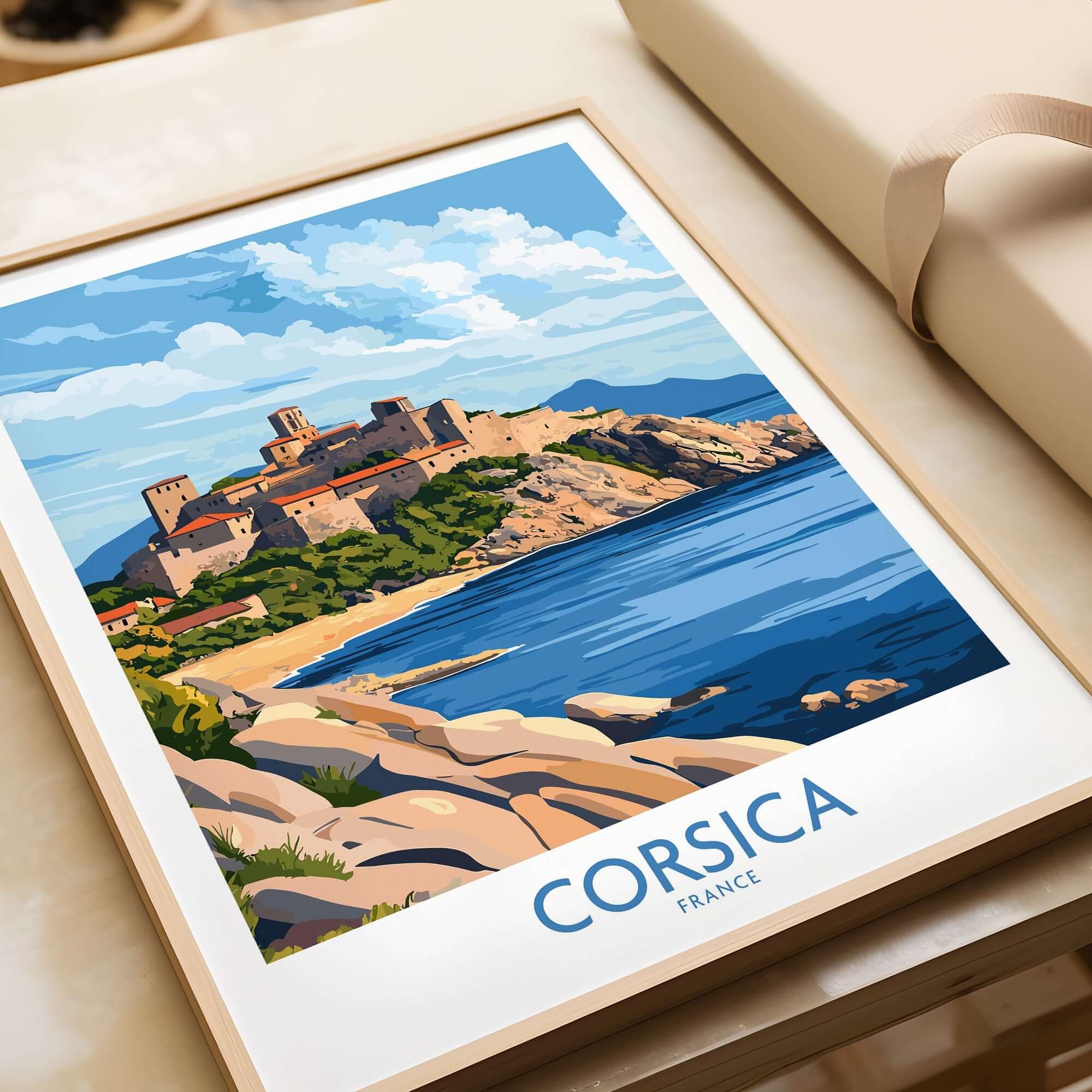 Corsica Travel Poster featuring a coastal view of Corsica's landscape and historic architecture.