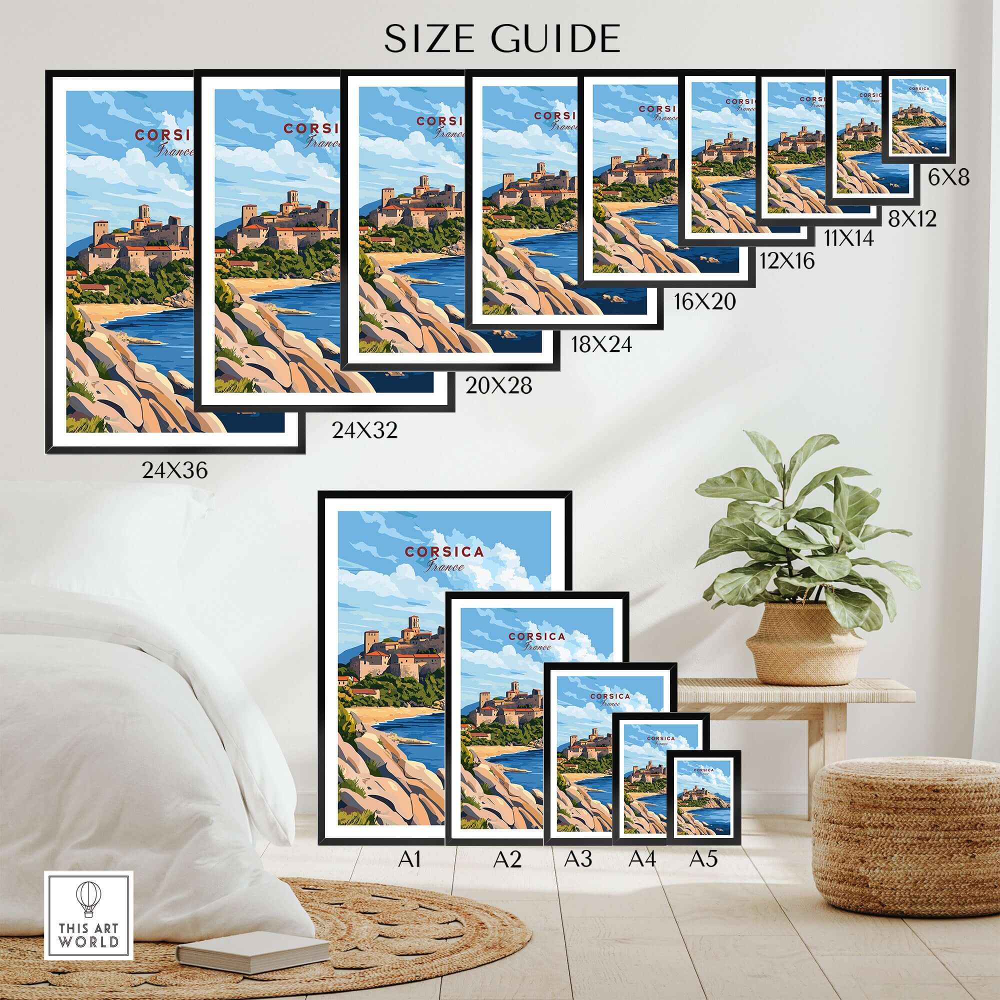Corsica Travel Print size guide showcasing various frame sizes with vibrant artwork of Corsica.
