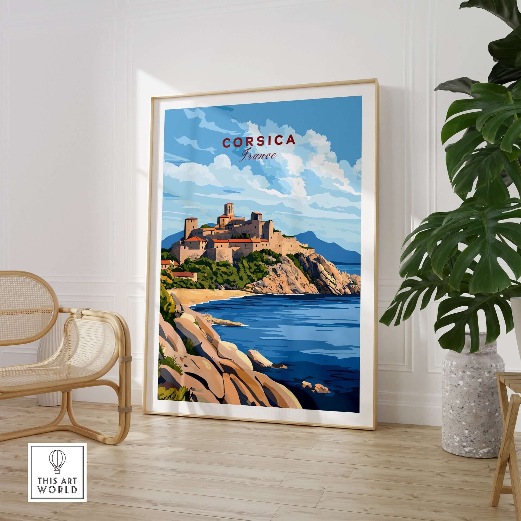 Corsica Travel Print featuring a stunning coastal view of Corsica, perfect for travel enthusiasts and home decor.