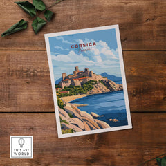 Corsica Travel Print featuring a stunning landscape of Corsica, France with vibrant colors and intricate details.
