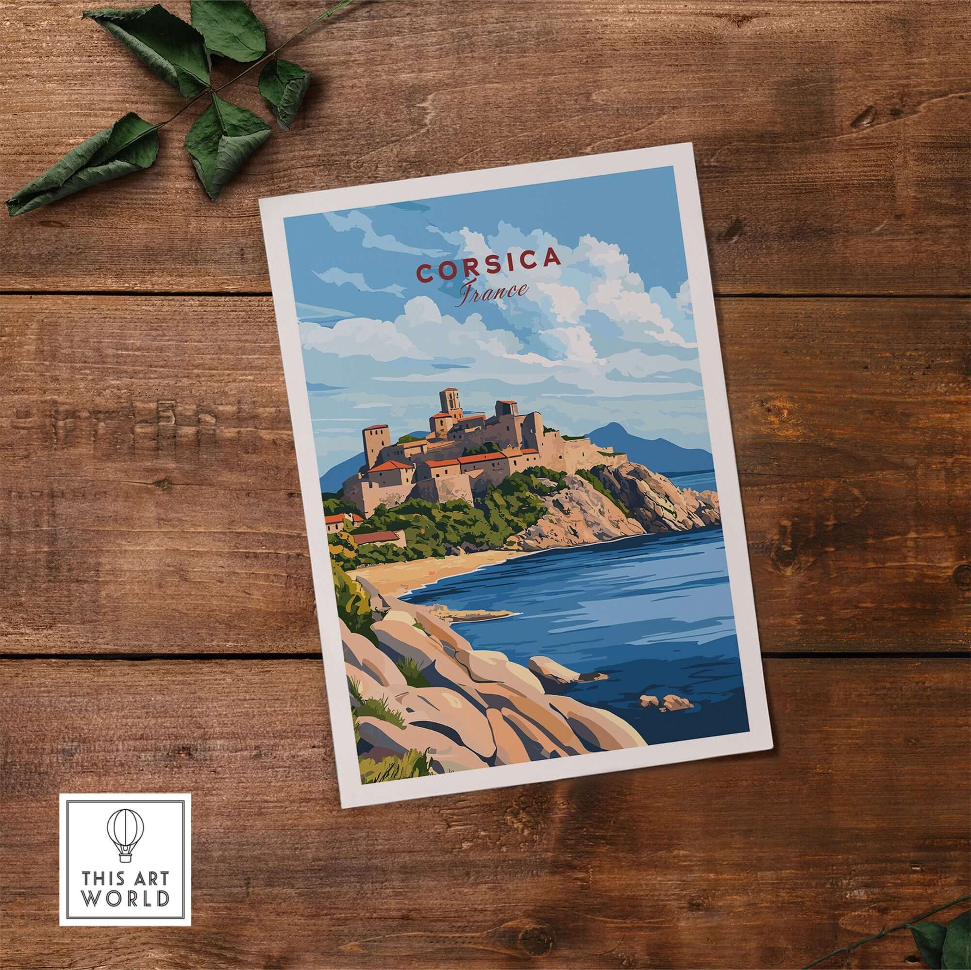 Corsica Travel Print featuring a stunning landscape of Corsica, France with vibrant colors and intricate details.
