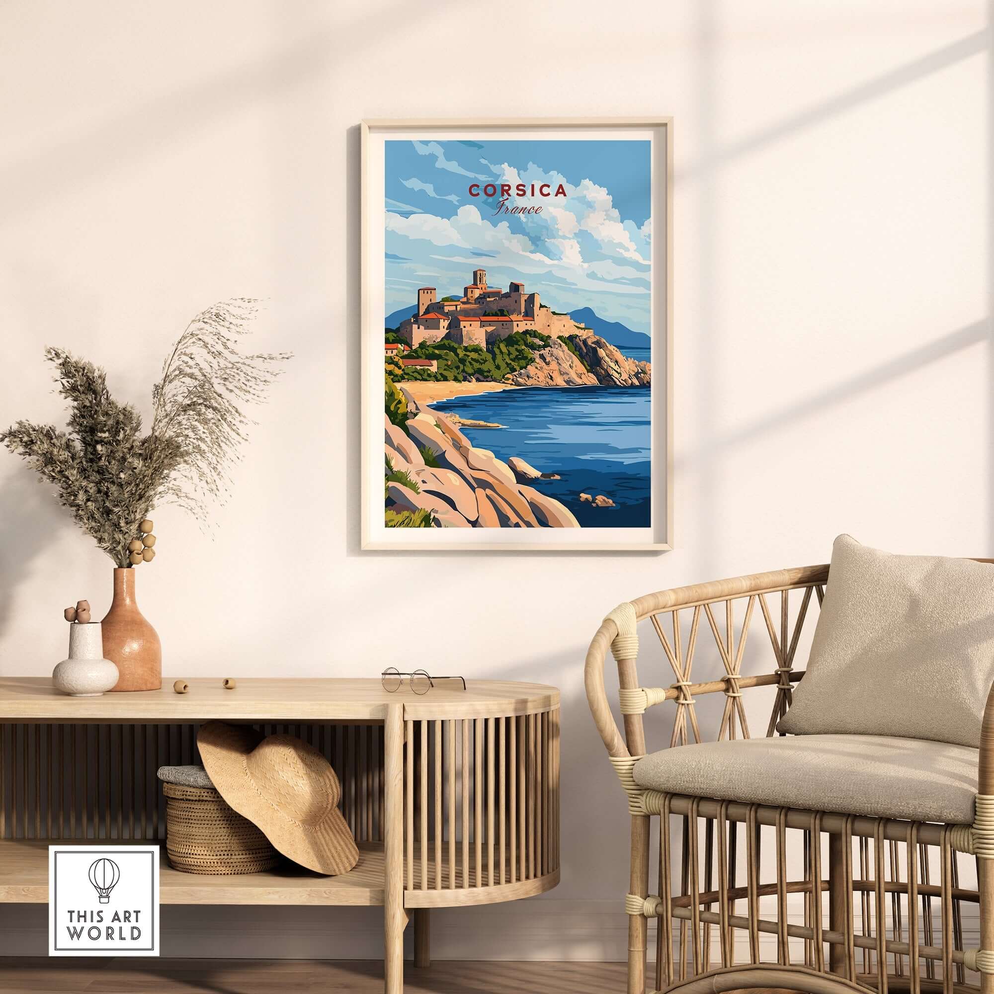 Corsica Travel Print showcasing vibrant colors and intricate details of the Mediterranean island of Corsica.