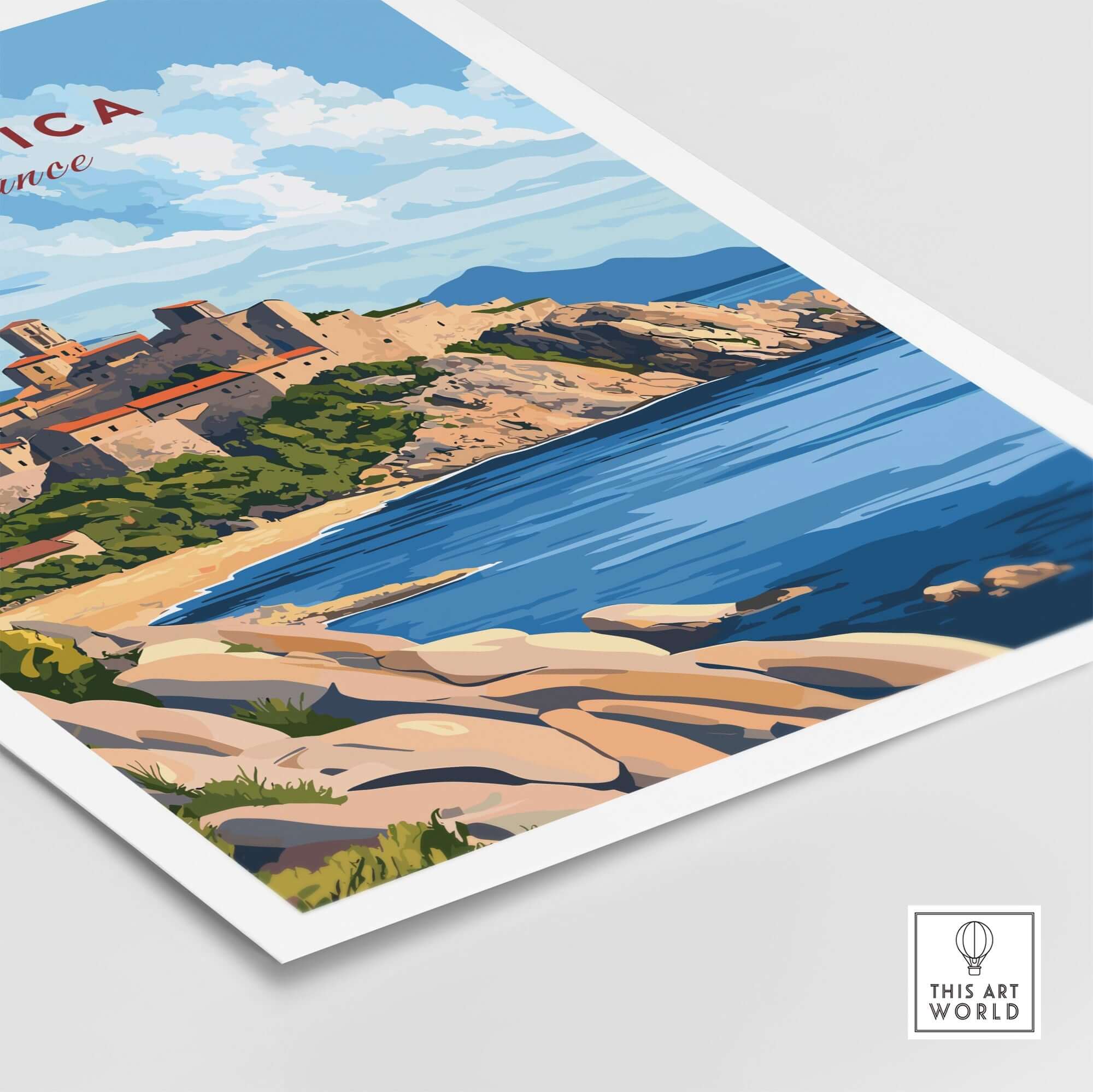 Corsica Travel Print featuring vibrant colors of the Corsican coastline and landscape, perfect for travel enthusiasts.