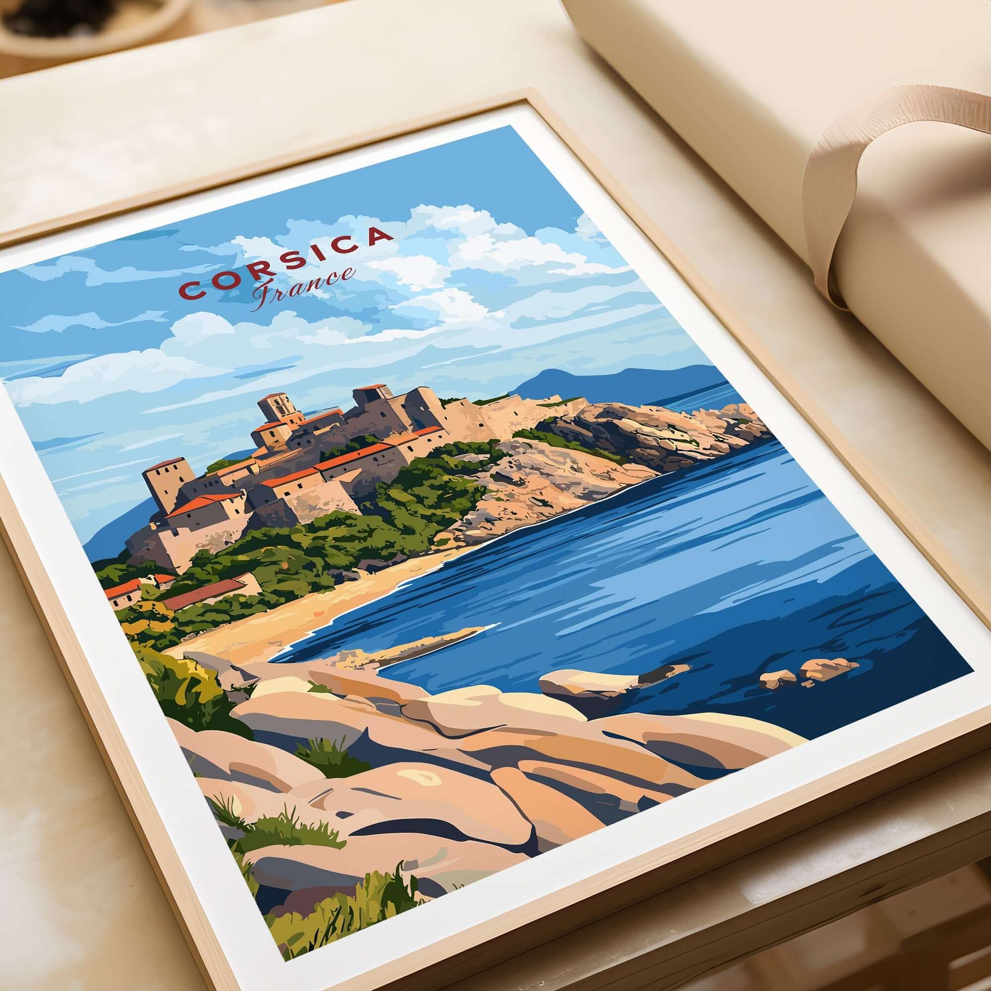 Corsica Travel Print showcasing a picturesque coastal view of Corsica with vibrant colors and intricate details.