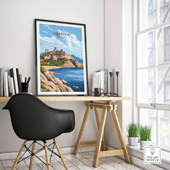 Corsica Travel Print showcasing a vibrant coastal scene of Corsica with intricate details and stunning colors.