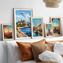 Corsica Travel Print featuring vibrant colors and intricate details of the Mediterranean island, displayed in a cozy interior.