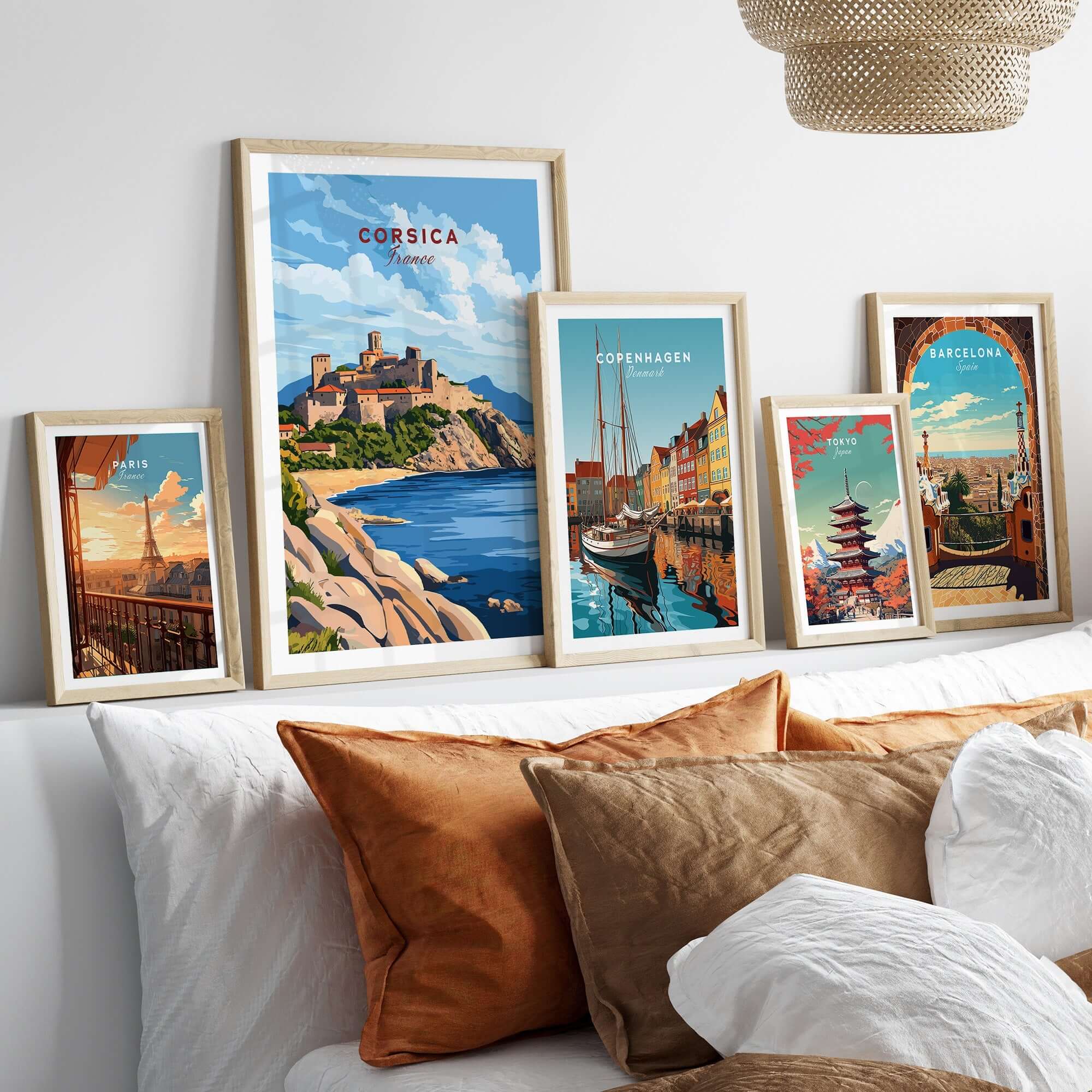 Corsica Travel Print featuring vibrant colors and intricate details of the Mediterranean island, displayed in a cozy interior.