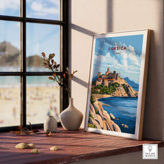 Corsica Travel Print featuring vibrant Mediterranean scenery and intricate details on display in a sunlit room.