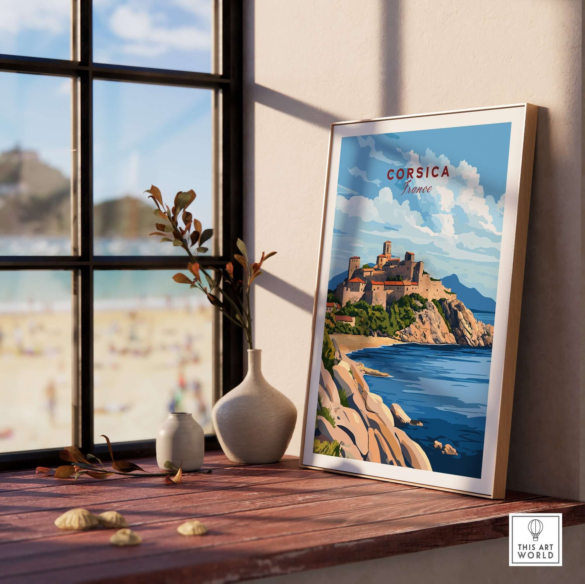 Corsica Travel Print featuring vibrant Mediterranean scenery and intricate details on display in a sunlit room.