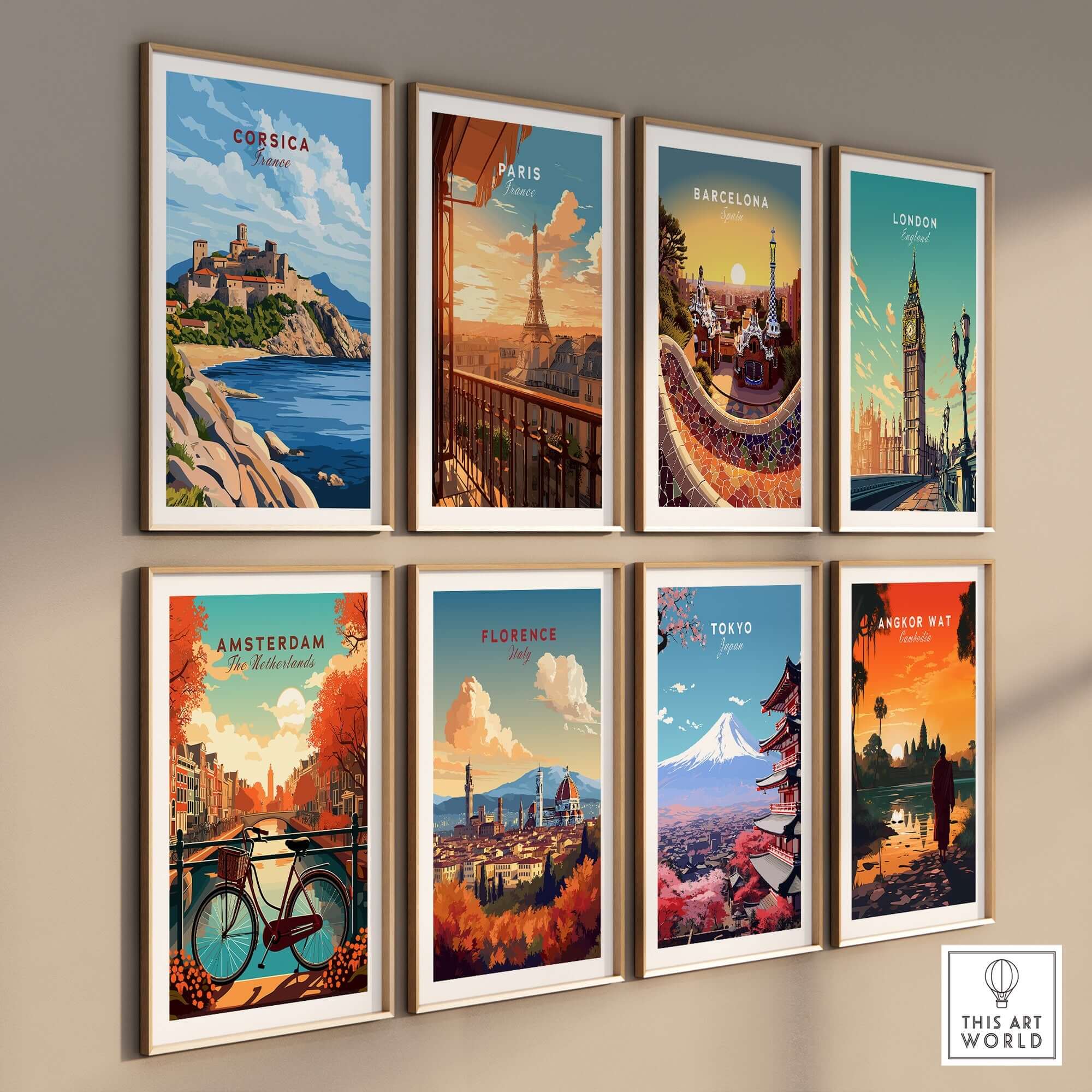 Corsica Travel Print showcasing stunning travel destinations including Corsica, Paris, and London in vibrant colors.
