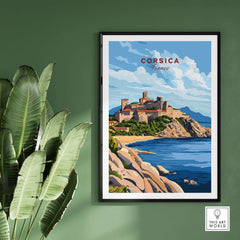 Corsica Travel Print featuring a scenic view of Corsica's coastline and castle with vibrant colors.