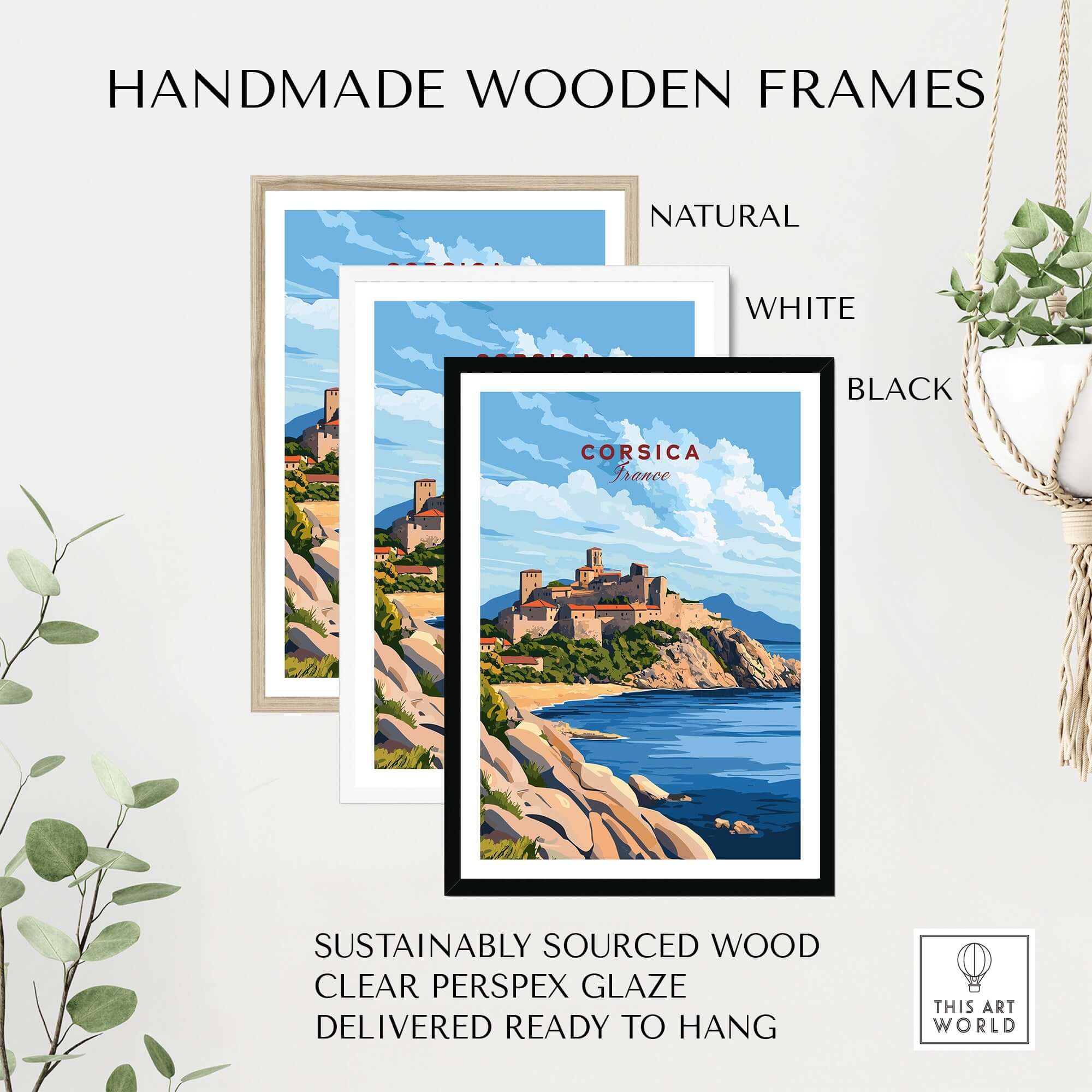 Corsica Travel Print in handmade wooden frames: natural, white, and black options, featuring stunning coastal views.