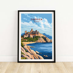 Corsica Travel Print featuring a stunning coastal view of Corsica, highlighting its beautiful landscape and vibrant colors.