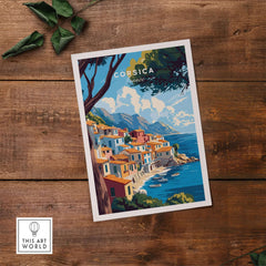 Corsica Wall Art featuring a picturesque coastal village scene in vibrant colors and intricate details.