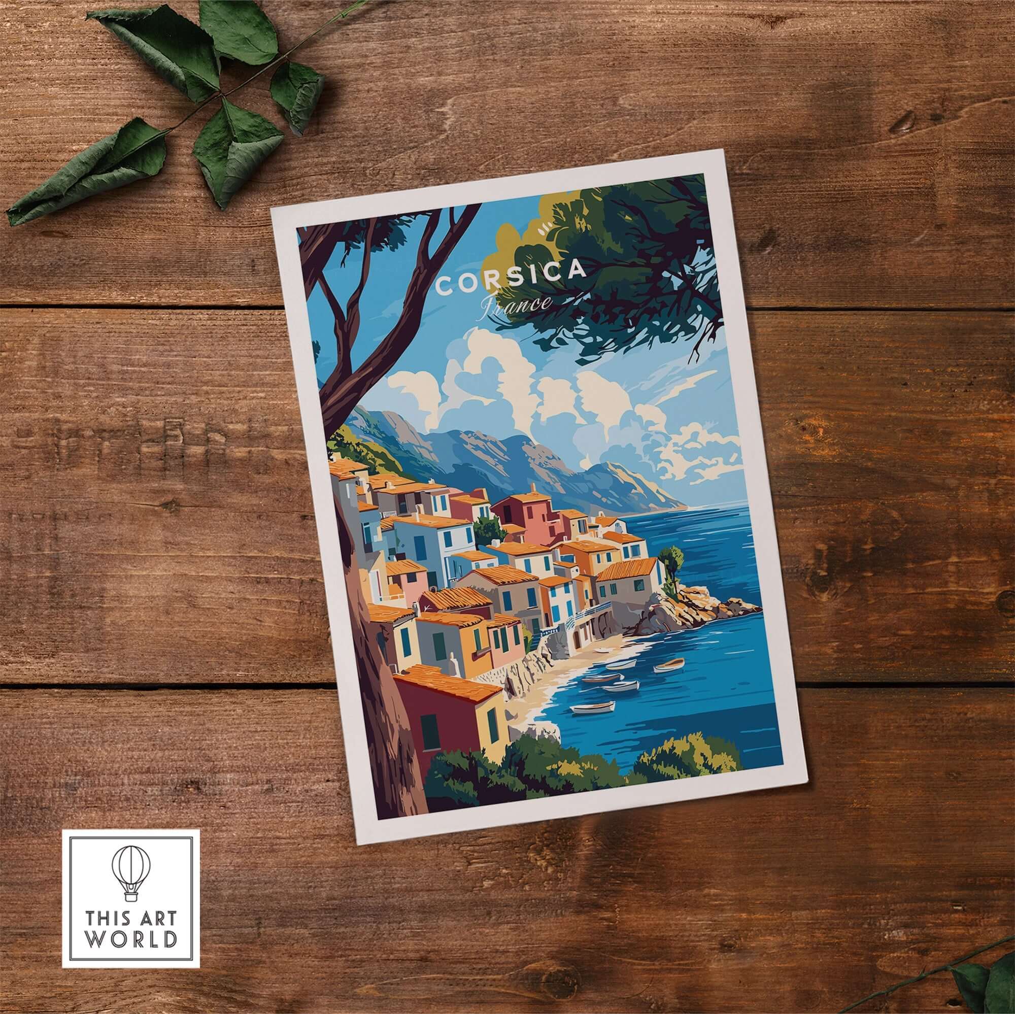 Corsica Wall Art featuring a picturesque coastal village scene in vibrant colors and intricate details.