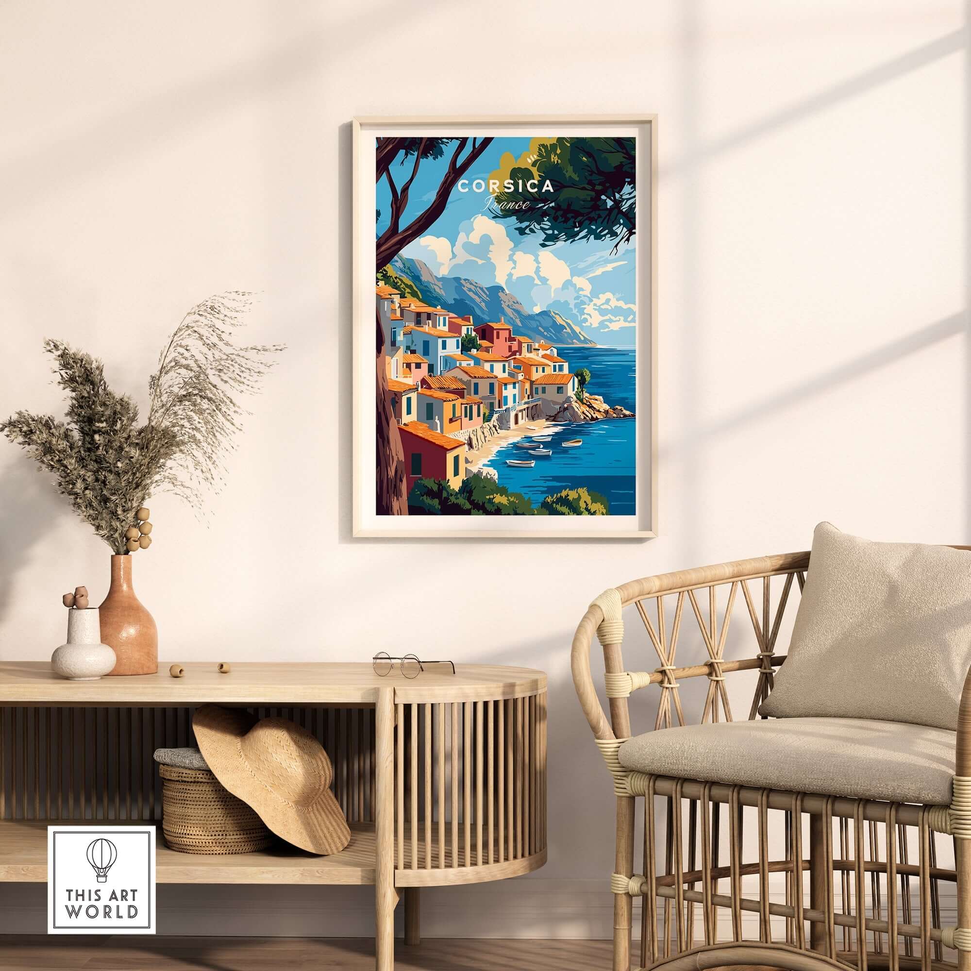 Corsica Wall Art displayed in a modern living room, showcasing vibrant landscapes and intricate details.