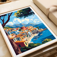 Corsica Wall Art showcasing vibrant coastal village scenery with blue waters and colorful buildings.