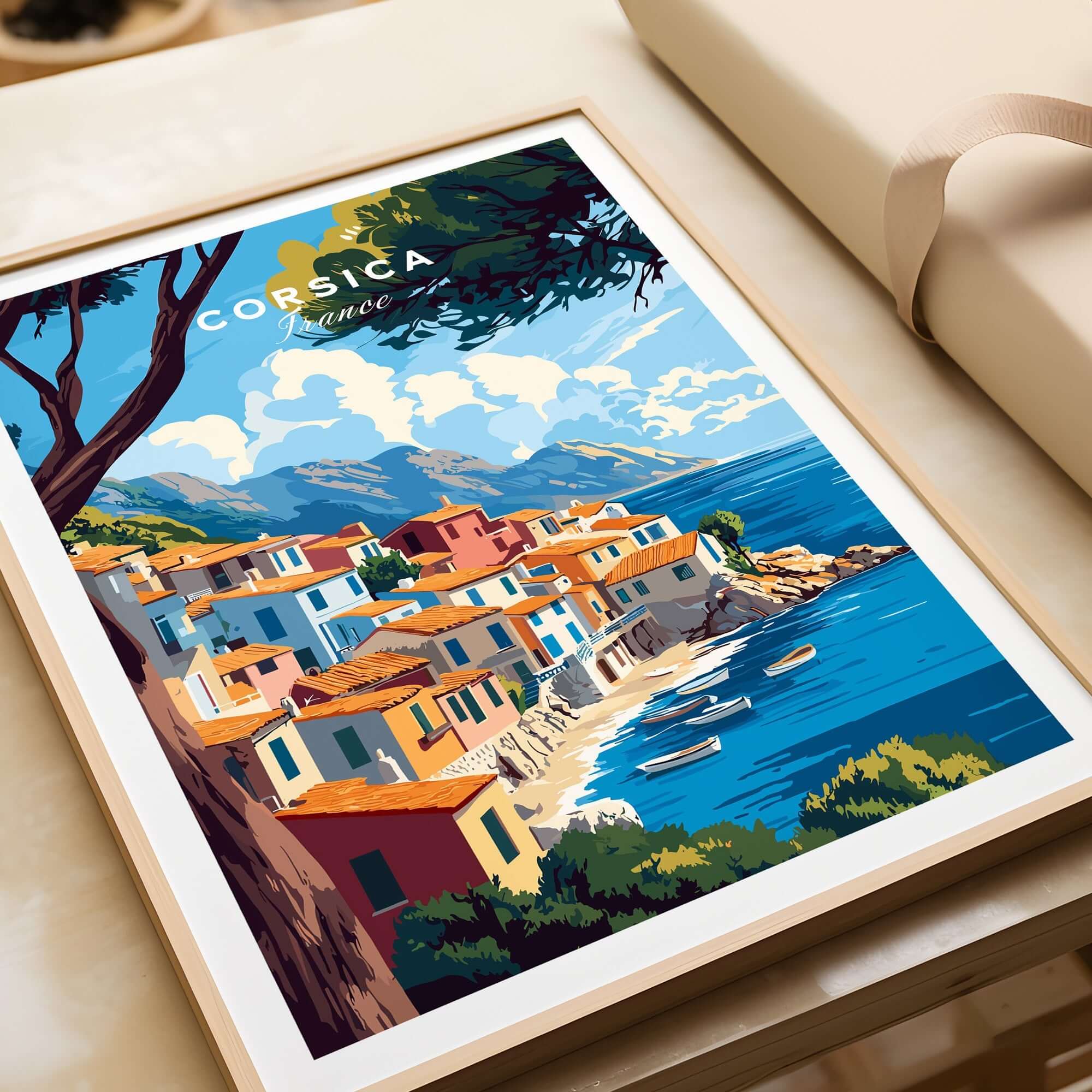 Corsica Wall Art showcasing vibrant coastal village scenery with blue waters and colorful buildings.