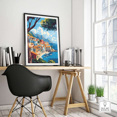 Corsica Wall Art displayed in a modern home office, featuring vibrant colors and serene landscapes.