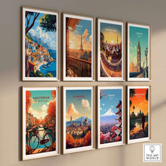 A collection of vibrant travel-themed wall art including Corsica Wall Art, showcasing beautiful landscapes from various cities.