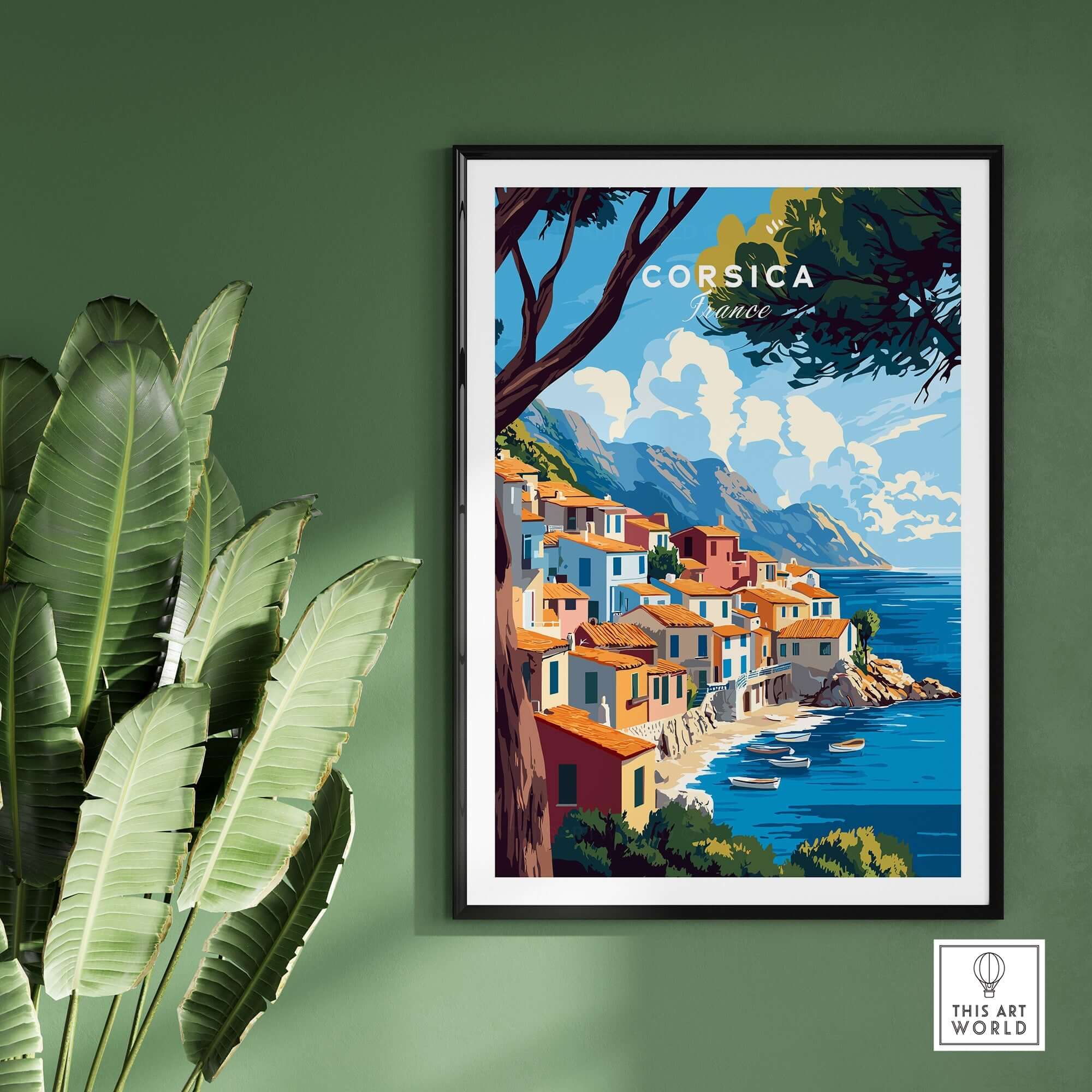 Corsica Wall Art featuring vibrant coastal landscape and charming houses in Corsica, enhancing home decor.