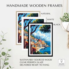Corsica Wall Art displayed in handmade wooden frames in natural, white, and black finishes, showcasing eco-friendly design.