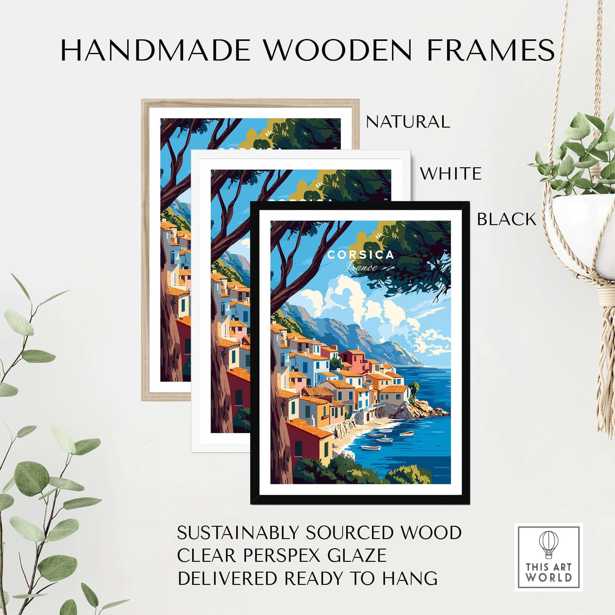 Corsica Wall Art displayed in handmade wooden frames in natural, white, and black finishes, showcasing eco-friendly design.