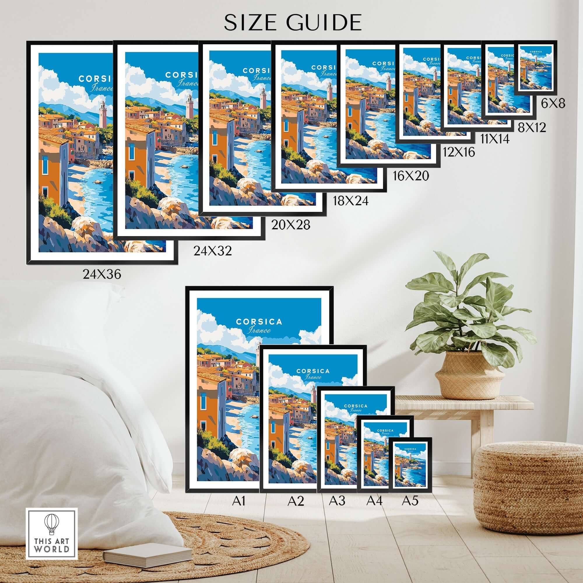 Corsica Wall Art Poster size guide with various frame sizes, showcasing beautiful coastal artwork.