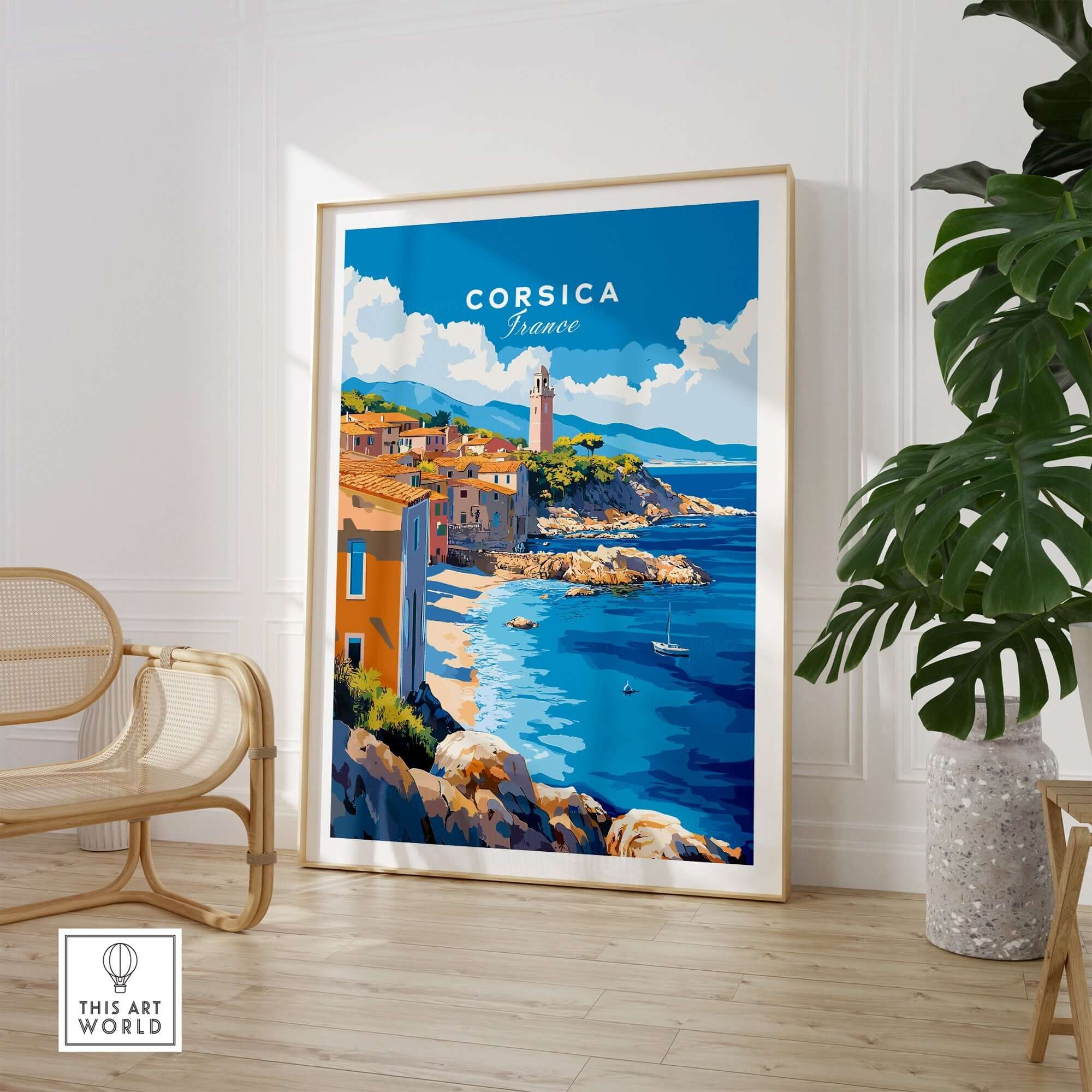 Corsica Wall Art Poster showcasing the scenic coastline of Corsica, enhancing your home decor.