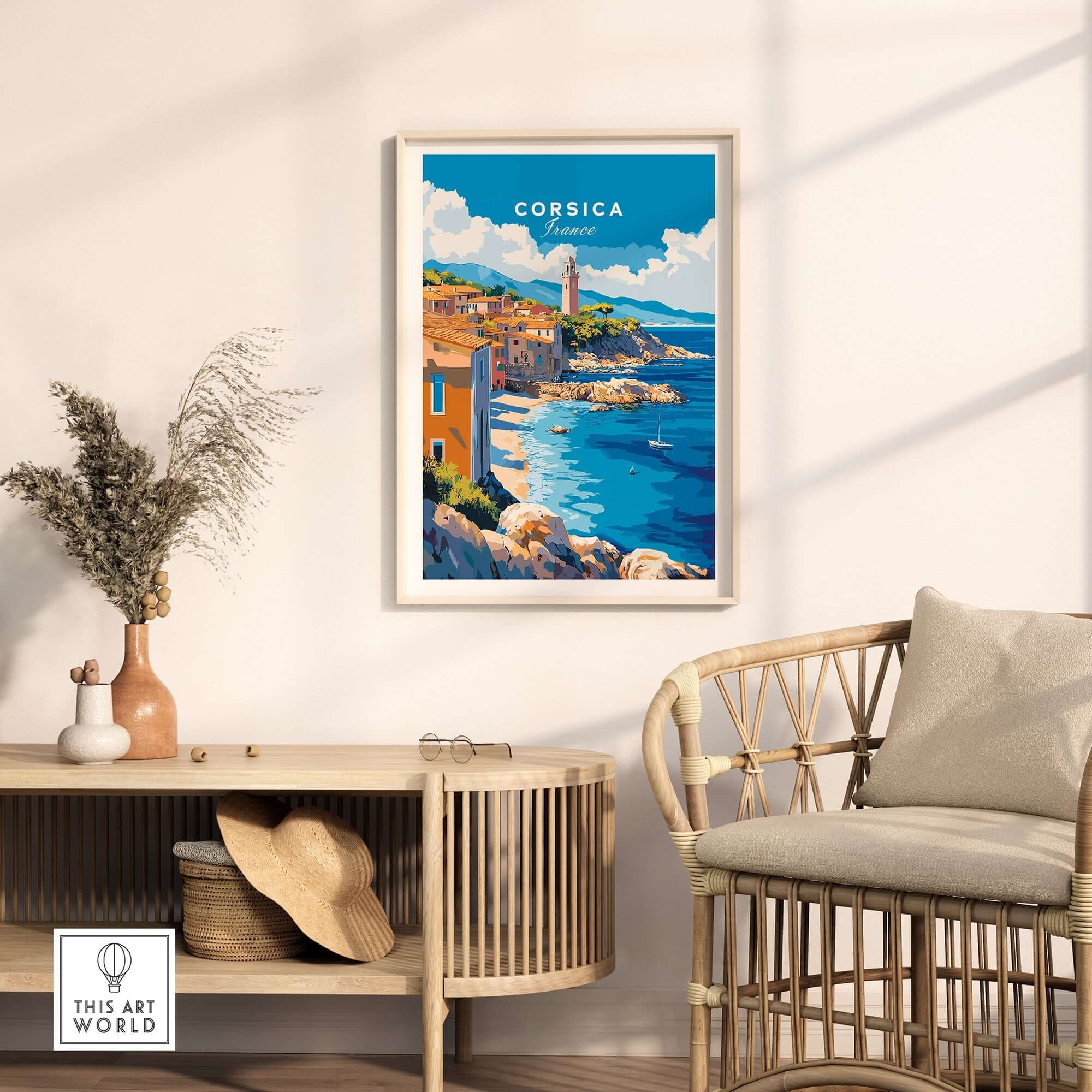 Corsica Wall Art Poster showcasing Corsica's stunning coastline and vibrant architecture in a stylish interior setting.