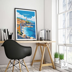 Corsica Wall Art Poster showcasing the stunning coastline of Corsica in a modern interior setting.