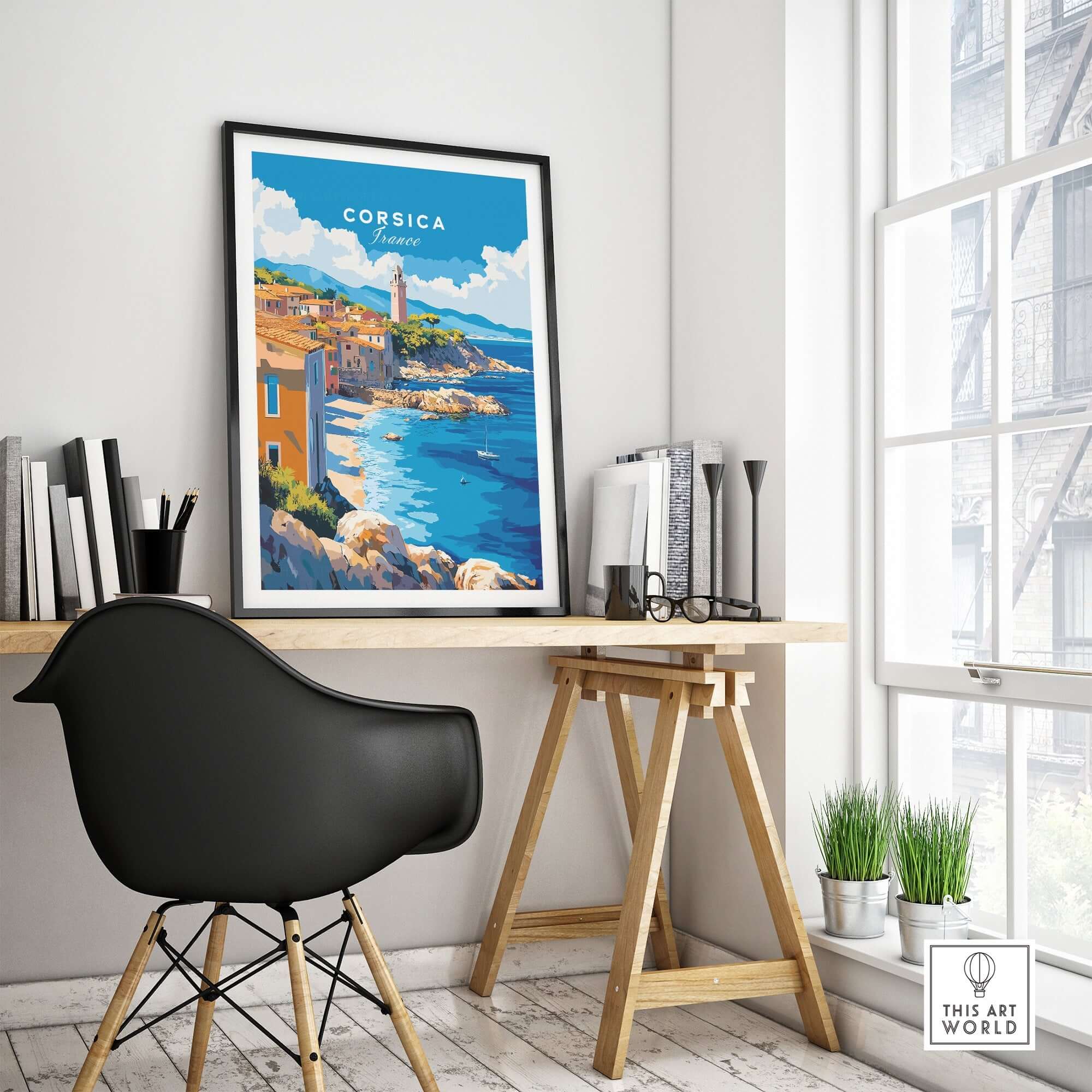 Corsica Wall Art Poster showcasing the stunning coastline of Corsica in a modern interior setting.